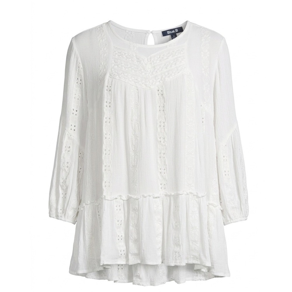 22. Blue B Collection White Eyelet Crochet Lace Boho‎ Gauze Blouse Top Small